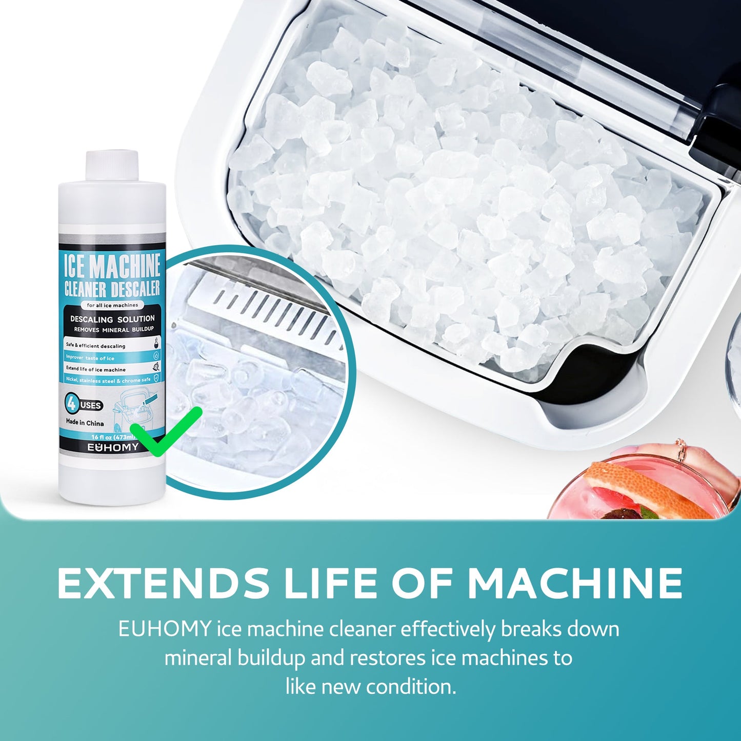 EUHOMY Ice Machine Cleaner Descaler, 16/32 Fl OZ Ice Maker Cleaner (4 Uses Per Bottle), Ideal Universal Descaling Solution for All Brands Ice Maker - Euhomy