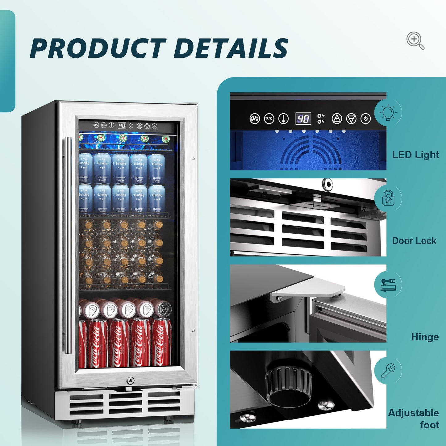 EUHOMY 15 Inch Beverage Refrigerator Cooler Under Counter 127 Cans Beverage Fridge with Glass Door Wine Cooler