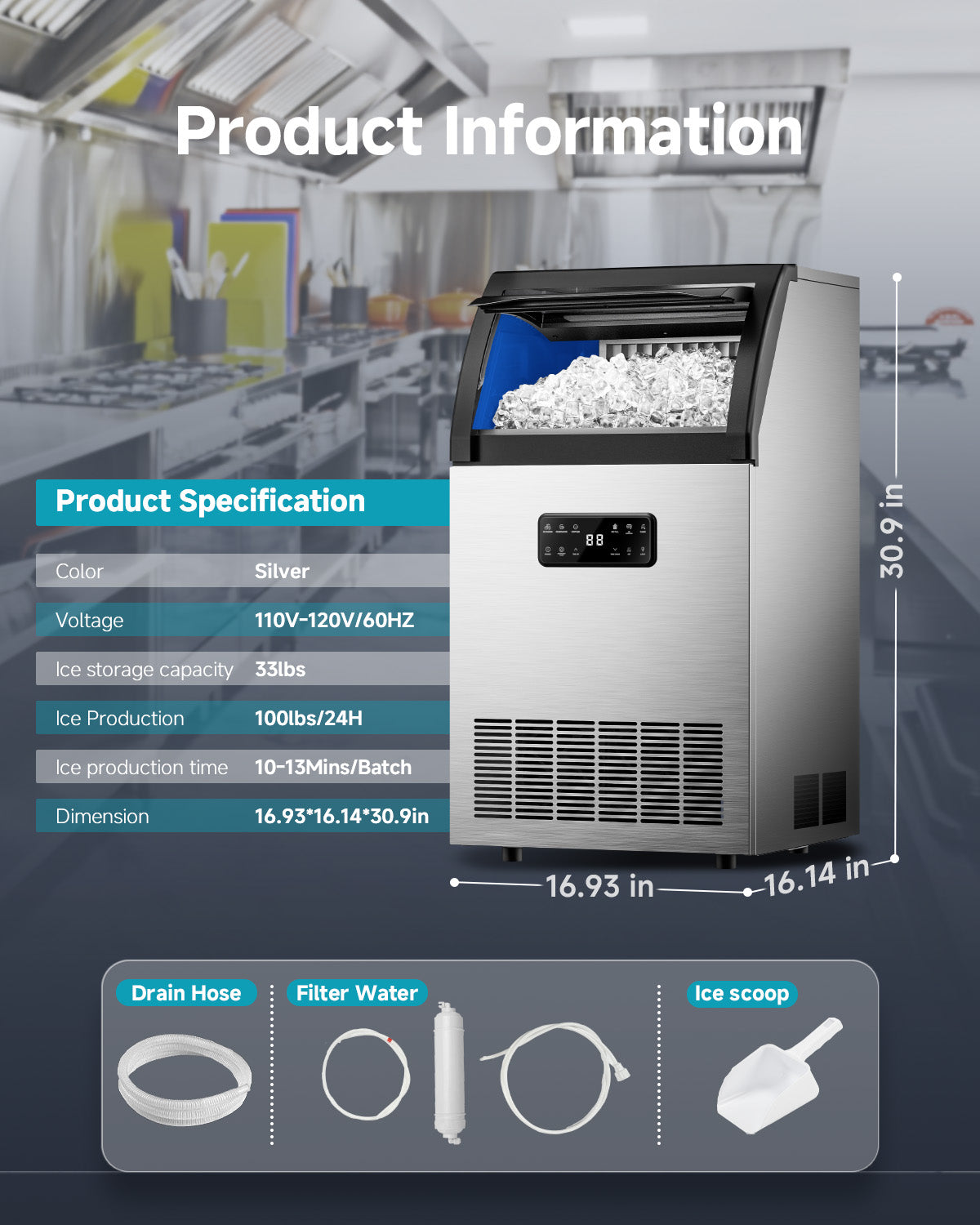 Euhomy Freestanding Ice Maker, 105 lbs/24H, Water Filter, Stainless Steel Build, Ideal for Restaurants & Bars