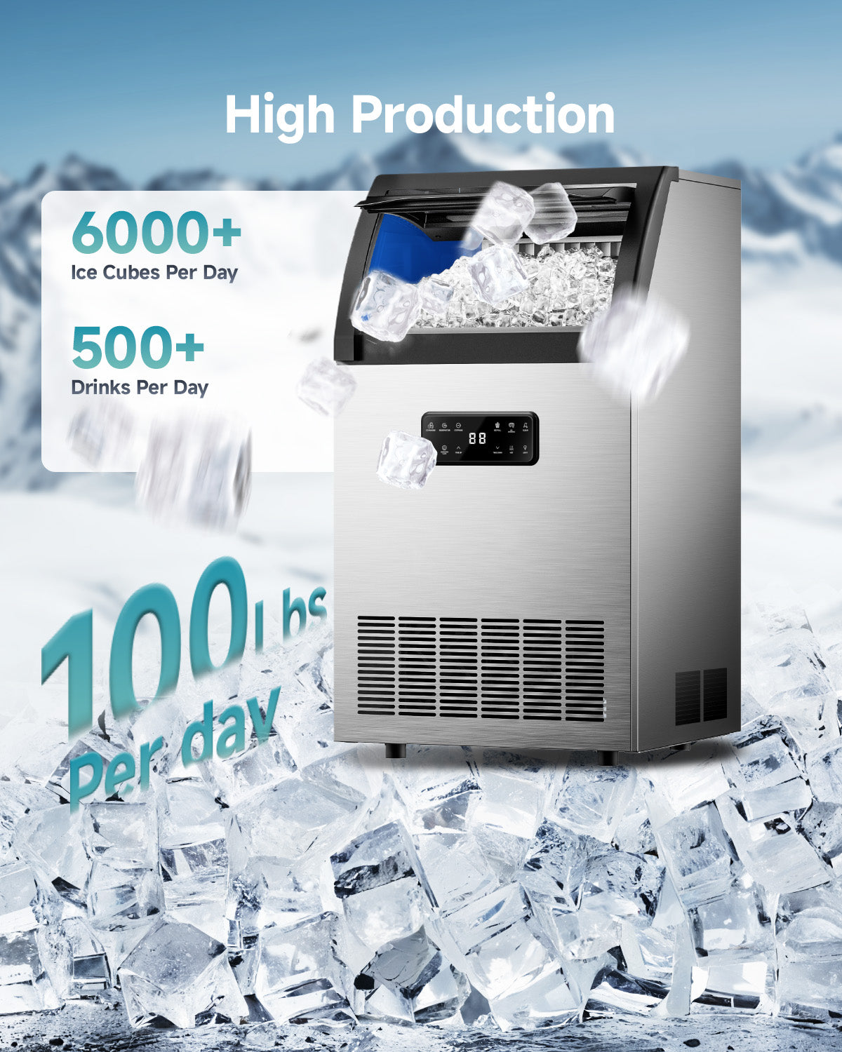Euhomy Freestanding Ice Maker, 105 lbs/24H, Water Filter, Stainless Steel Build, Ideal for Restaurants & Bars