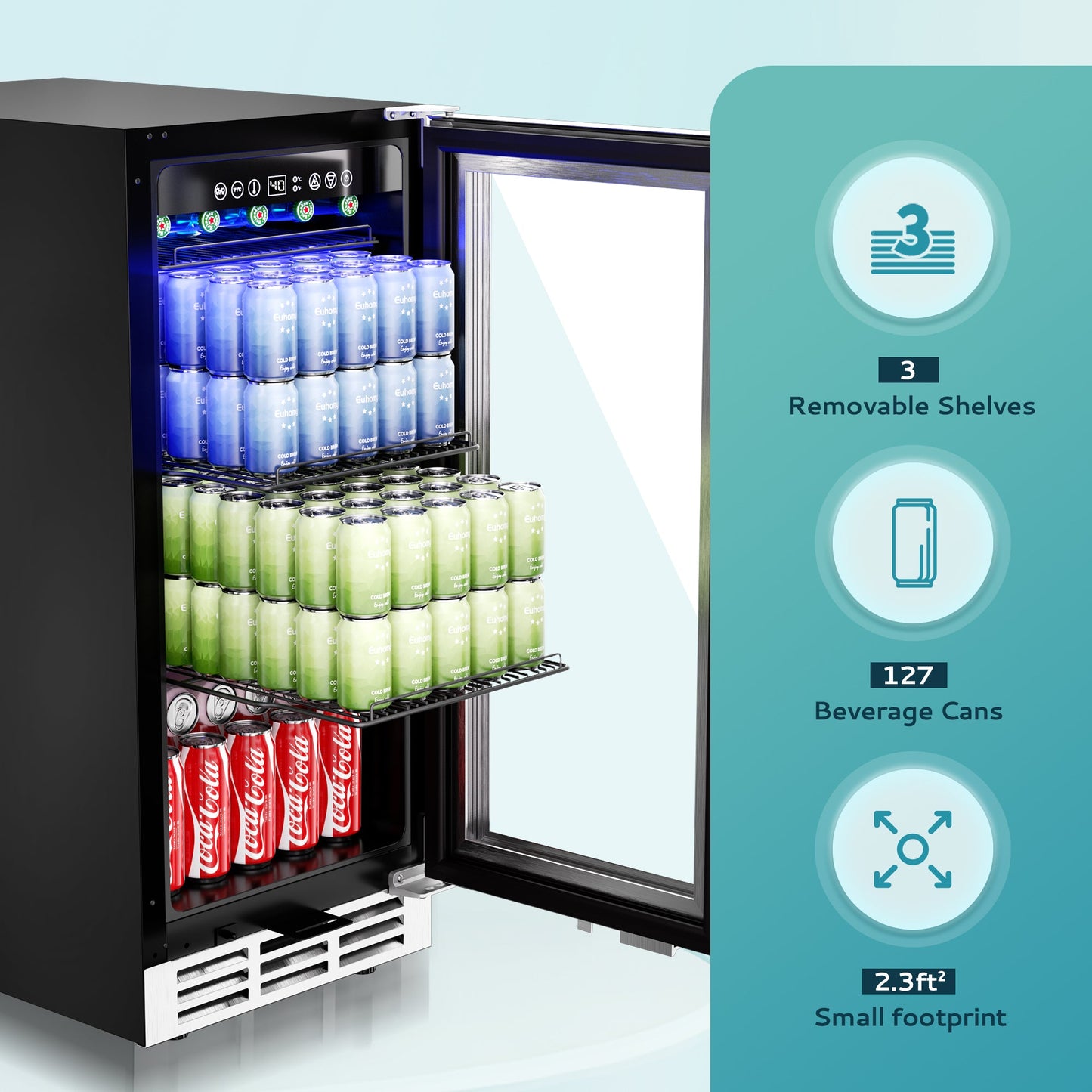 EUHOMY 15 Inch Beverage Refrigerator Cooler Under Counter 127 Cans Beverage Fridge with Glass Door Wine Cooler