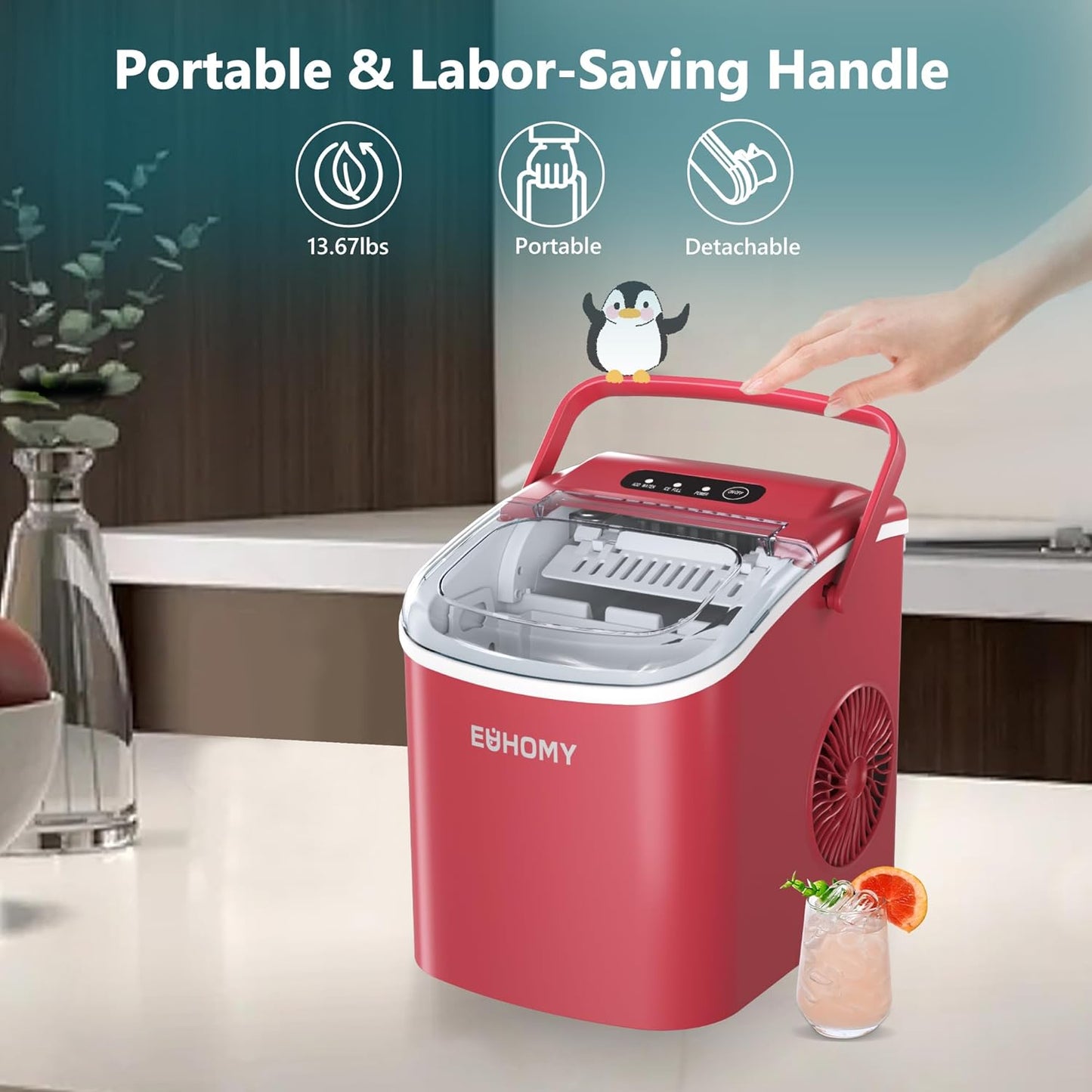 EUHOMY 12'' Red Bullet Ice Portable Self-Cleaning Ice Maker with Handle Includes 2 Bottles of Cleaner - Euhomy