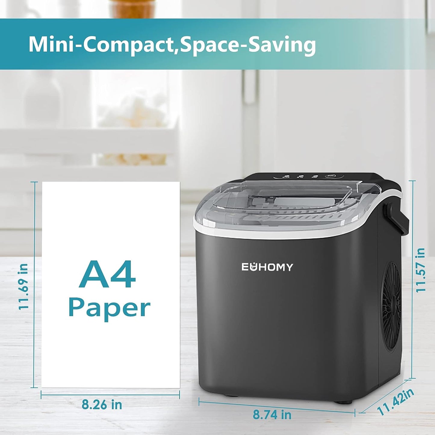 EUHOMY 12'' Black Bullet Ice Portable Low Noise Ice Maker with Handle Includes 2 Bottles of Cleaner - Euhomy