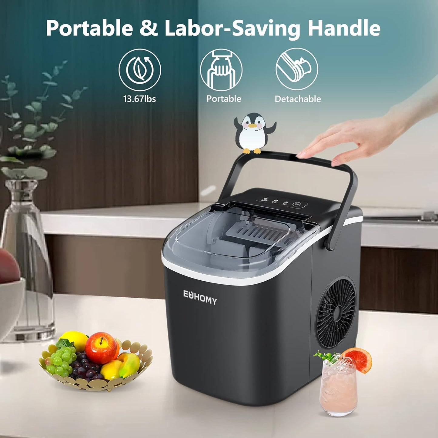 EUHOMY 12'' Black Bullet Ice Portable Low Noise Ice Maker with Handle Includes 2 Bottles of Cleaner - Euhomy