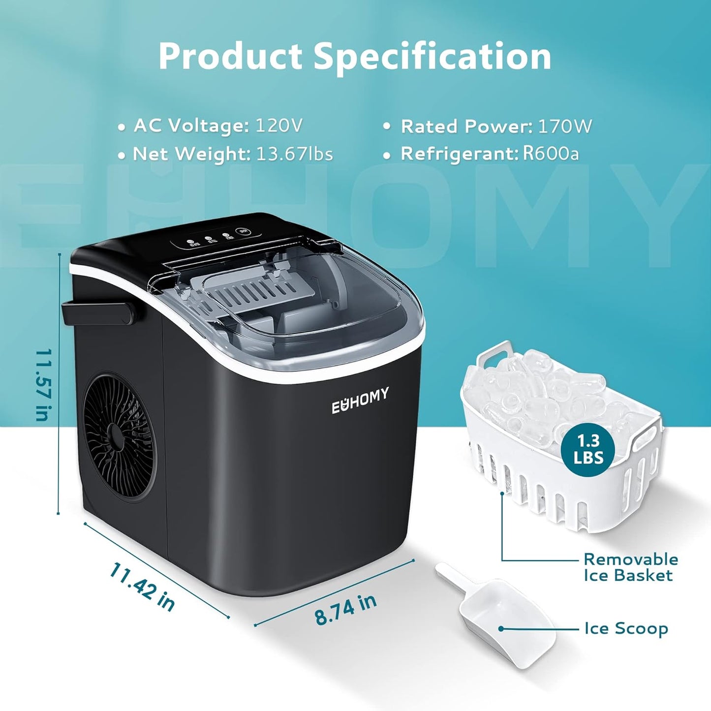 EUHOMY 12'' Black Bullet Ice Portable Low Noise Ice Maker with Handle Includes 2 Bottles of Cleaner - Euhomy