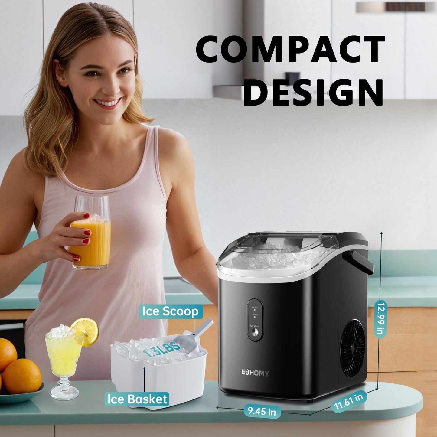 EUHOMY Auto-Cleaning 10'' Nugget Ice Countertop Ice Maker with Handle Includes 2 Bottles of Cleaner - Euhomy