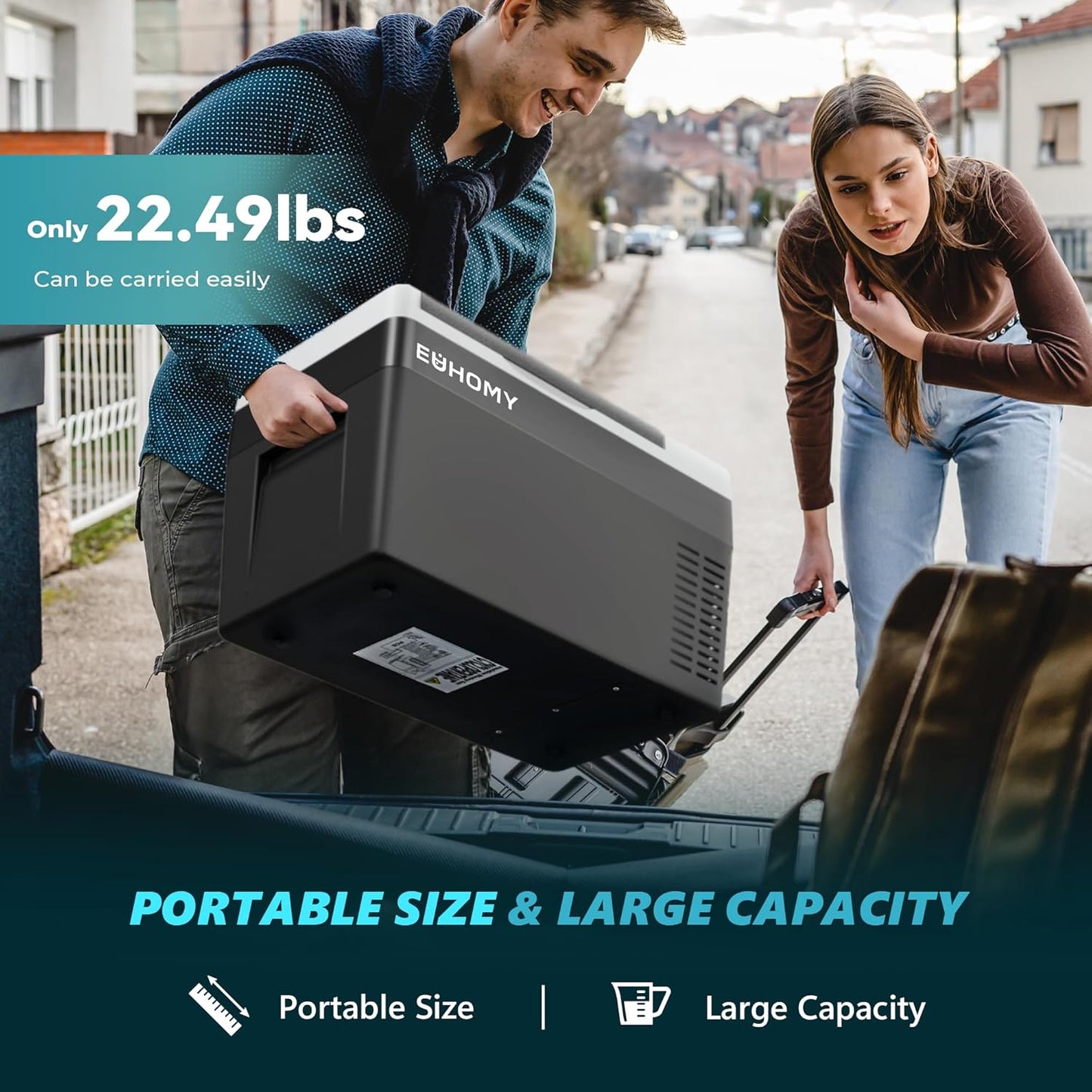 EUHOMY 12V Portable Car Refrigerator, 25L with APP Control, Black & Gray – Quiet, Compact, Travel-Ready