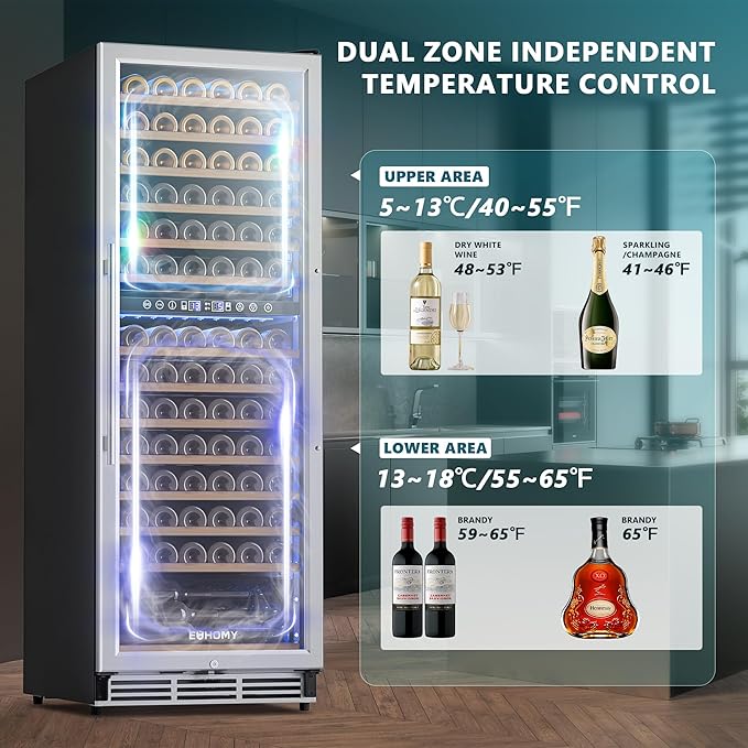 EUHOMY 24 Inch Wine Fridge Dual Zone, 154 Bottle Wine Cooler Refrigerator with Glass Door, Powerful Compressor Cooling - Euhomy