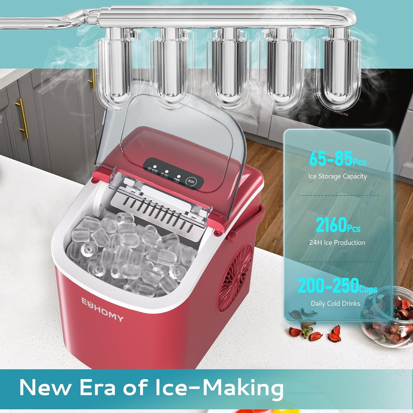 EUHOMY 12'' Red Bullet Ice Portable Self-Cleaning Ice Maker with Handle Includes 2 Bottles of Cleaner - Euhomy