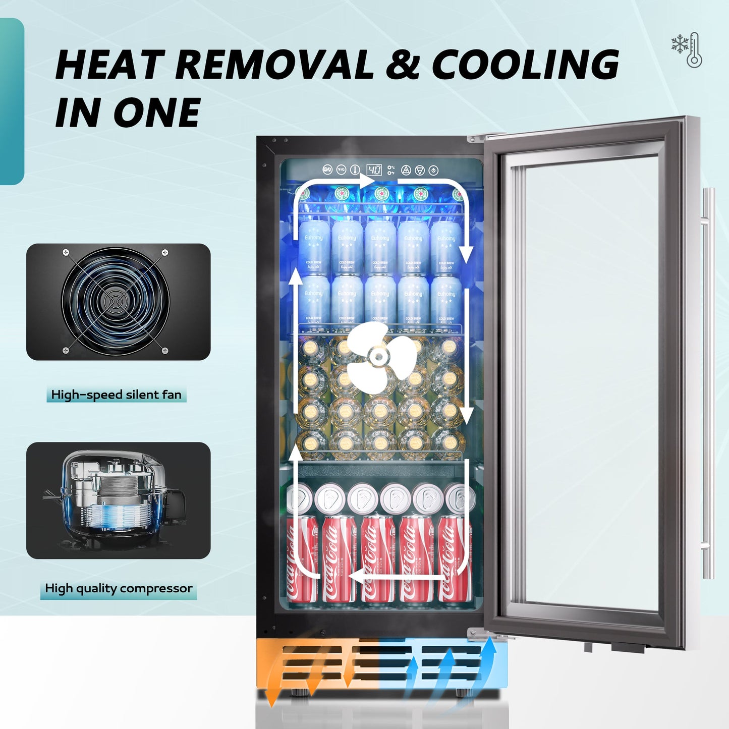 EUHOMY 15 Inch Beverage Refrigerator Cooler Under Counter 127 Cans Beverage Fridge with Glass Door Wine Cooler