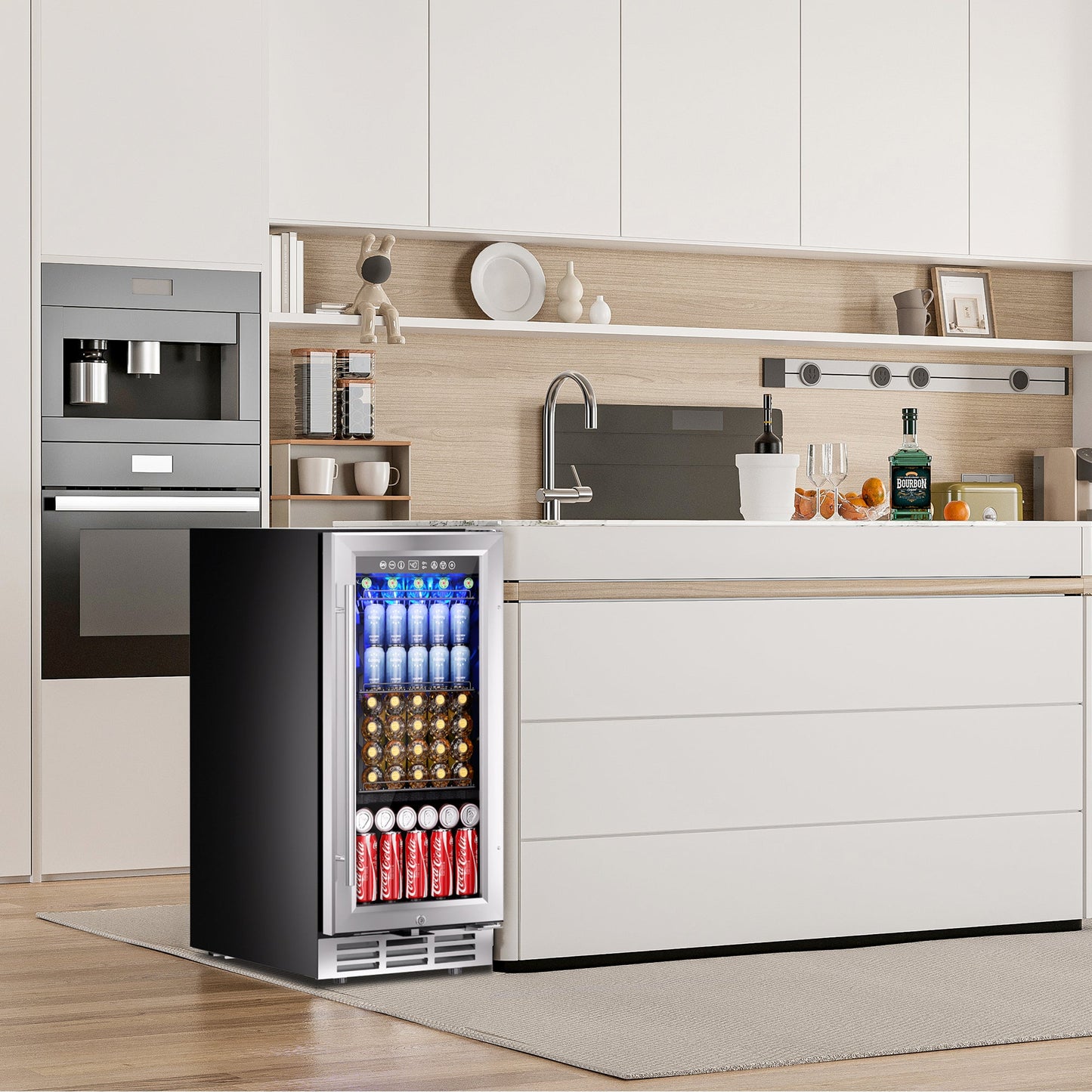EUHOMY 15 Inch Beverage Refrigerator Cooler Under Counter 127 Cans Beverage Fridge with Glass Door Wine Cooler