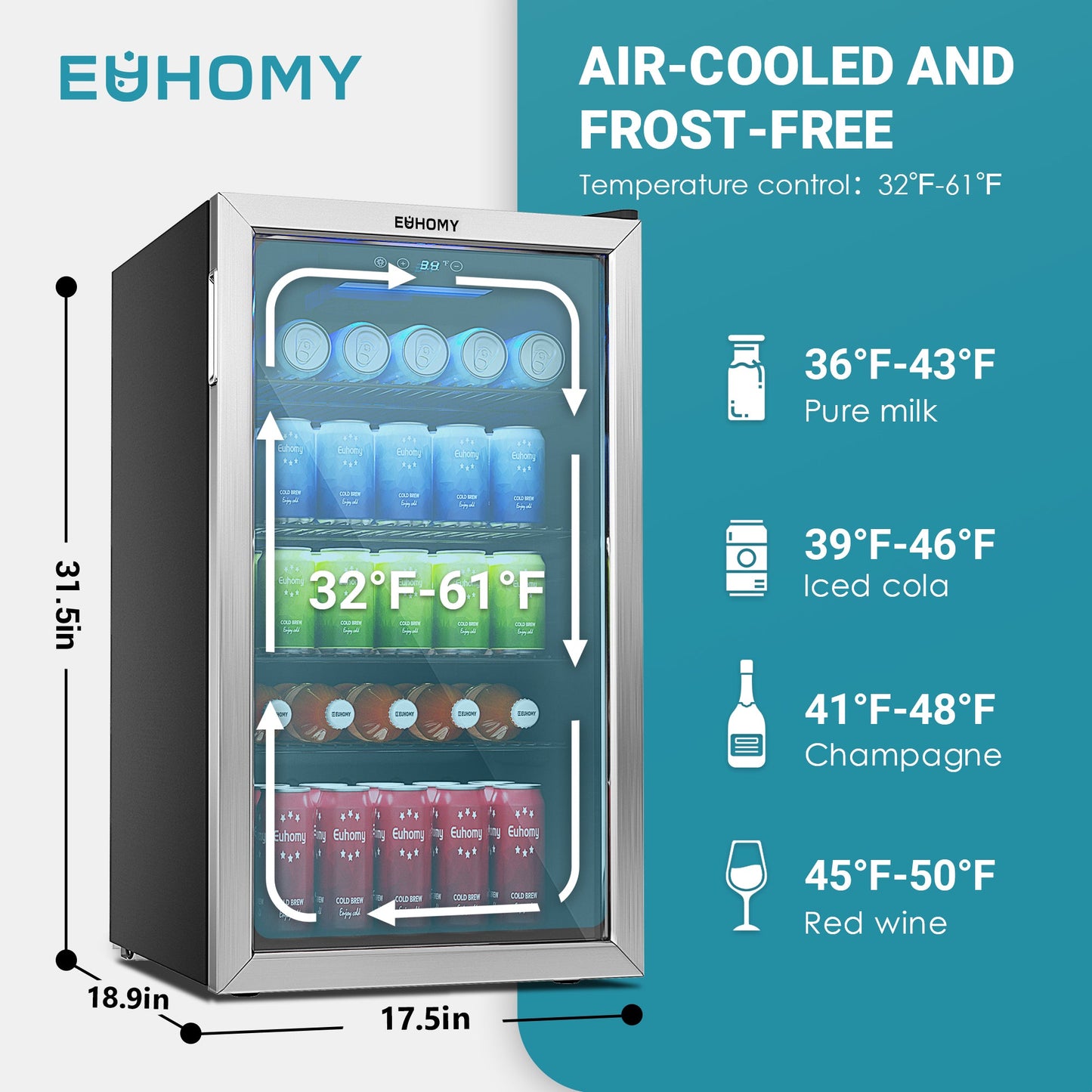 EUHOMY 3.2 Cu.Ft 126 Can Built in & Free Standing Beverage Cooler Wine Cooler