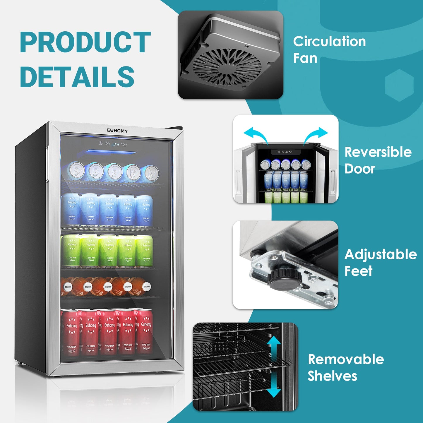 EUHOMY 3.2 Cu.Ft 126 Can Built in & Free Standing Beverage Cooler Wine Cooler