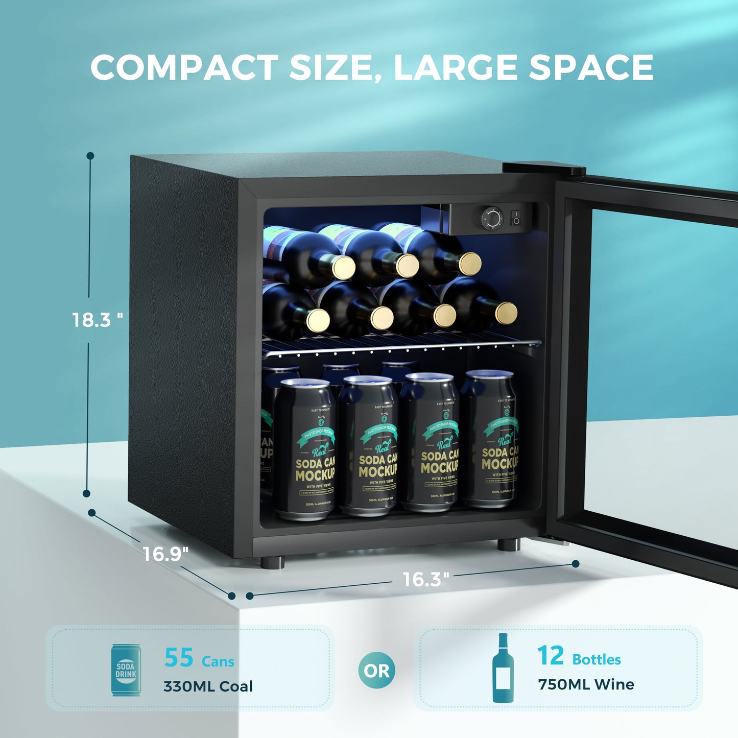 EUHOMY 55 Can Beverage Refrigerator Cooler-Mini Fridge Glass Door (1.3cu.ft) Wine Cooler - Euhomy