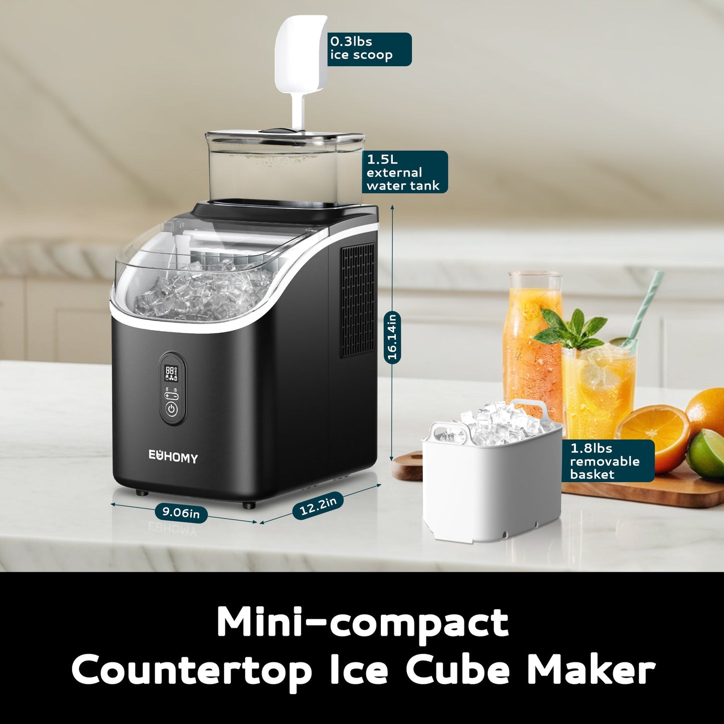 EUHOMY Ice Cube Maker Machine Countertop with External Water Tank, 34Lbs, 16Pcs Ready in 13 Mins, 2 Ways to Add Water, Auto-Cleaning, with Ice Scoop & Basket Includes 2 Bottles of Cleaner - Euhomy