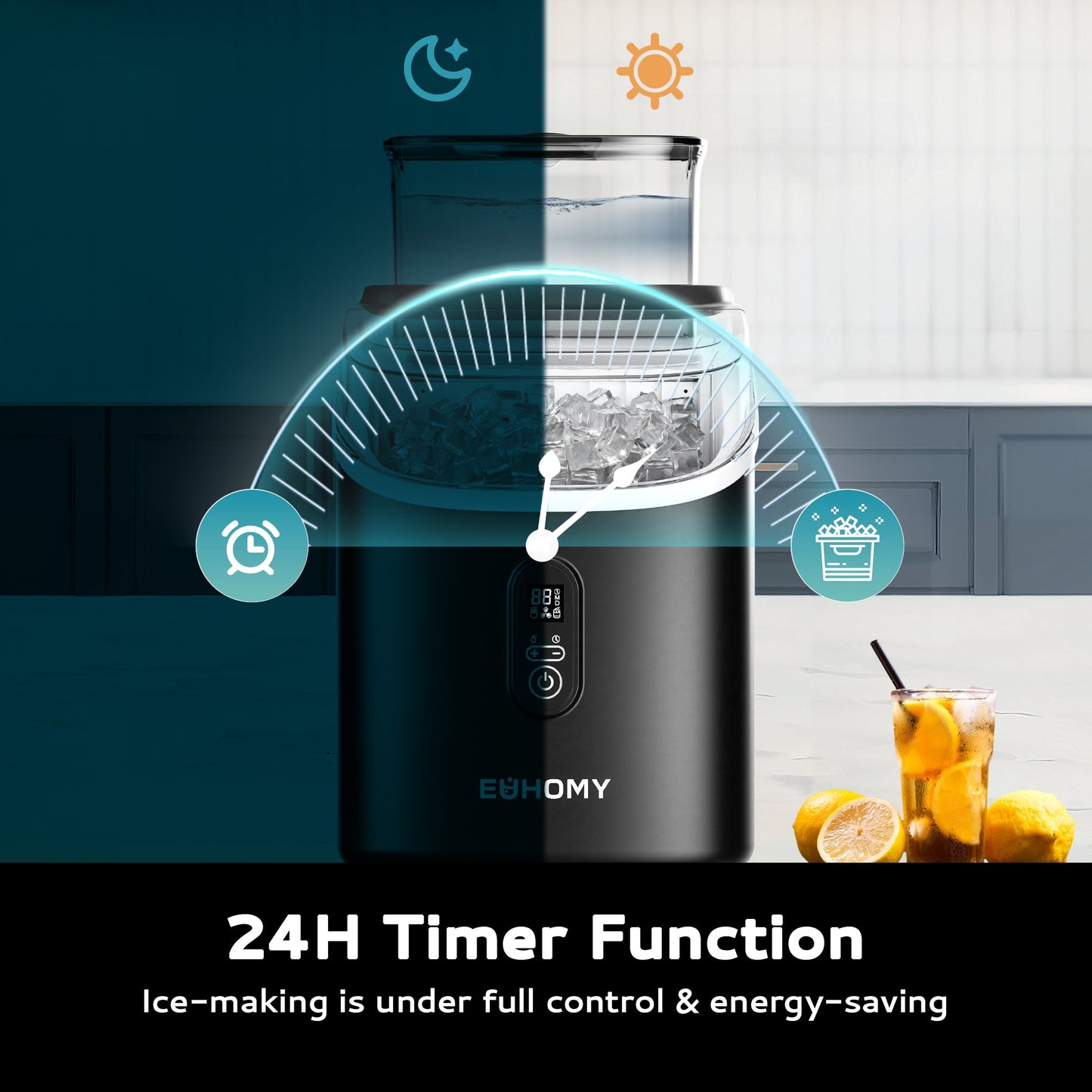 EUHOMY Ice Cube Maker Machine Countertop with External Water Tank, 34Lbs, 16Pcs Ready in 13 Mins, 2 Ways to Add Water, Auto-Cleaning, with Ice Scoop & Basket Includes 2 Bottles of Cleaner - Euhomy