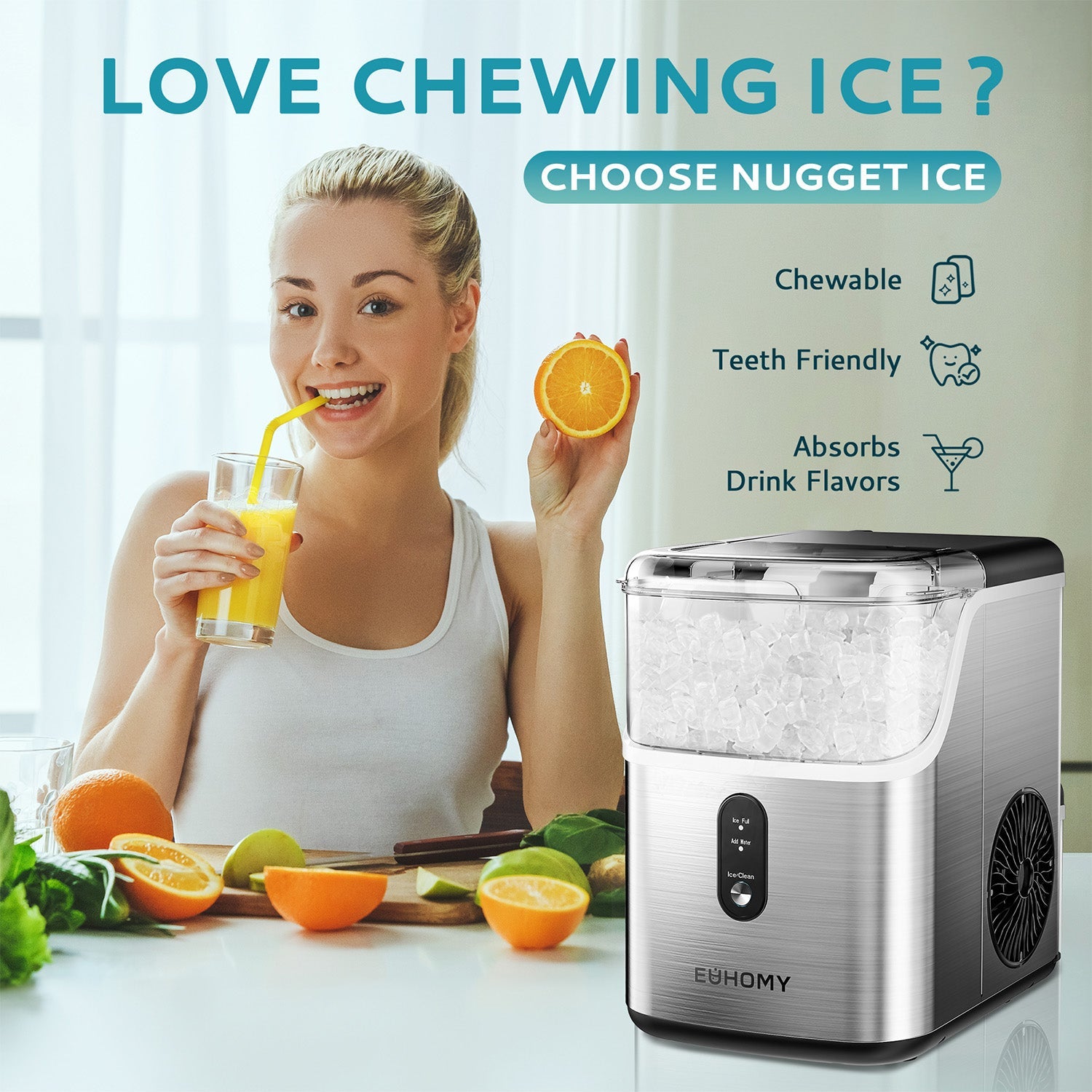 EUHOMY Pebble Ice Maker Machine with 35lbs/24H Soft Ice, Self-Cleaning Includes 2 Bottles of Cleaner - Euhomy