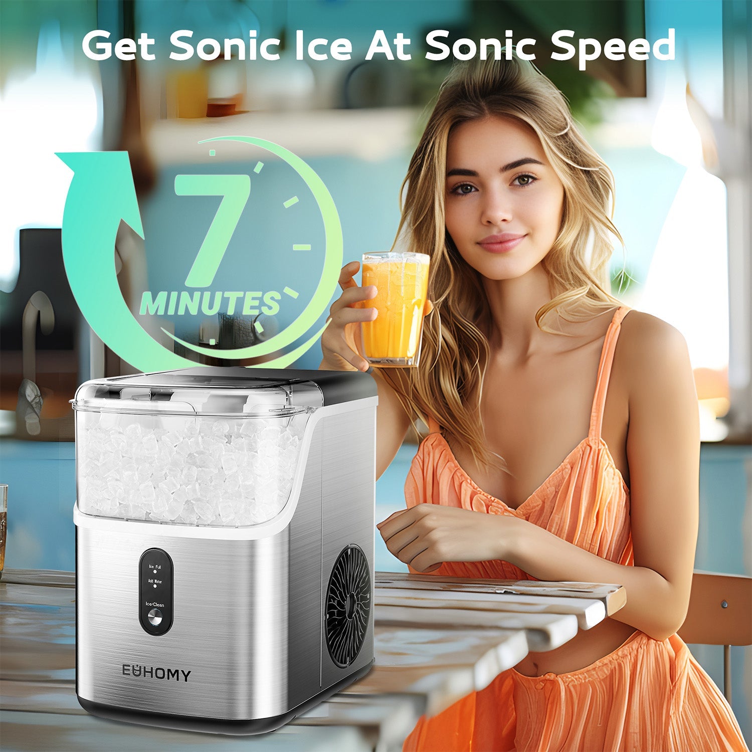 EUHOMY Pebble Ice Maker Machine with 35lbs/24H Soft Ice, Self-Cleaning Includes 2 Bottles of Cleaner - Euhomy