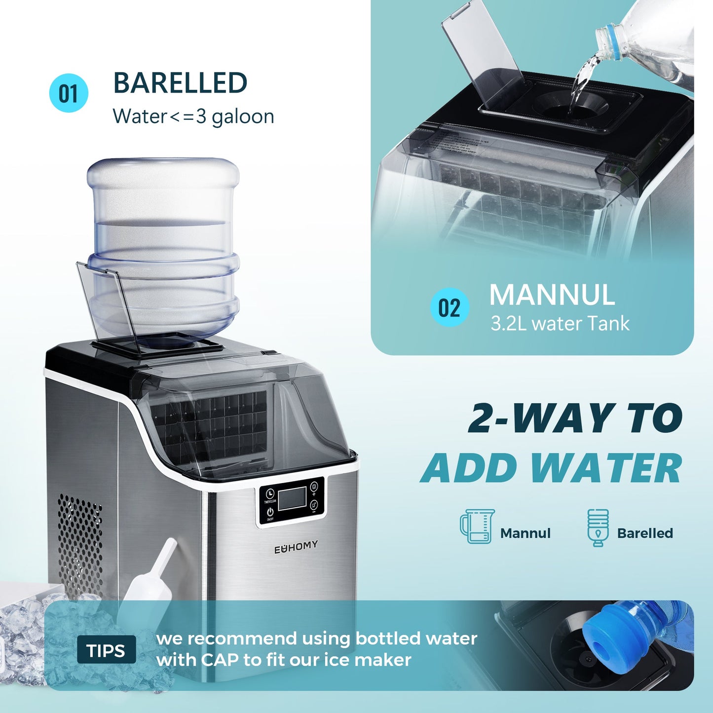 EUHOMY 14'' Cube Ice Compact Ice Maker Selectable Ice Thickness with Water Bucket Includes 2 Bottles of Cleaner - Euhomy