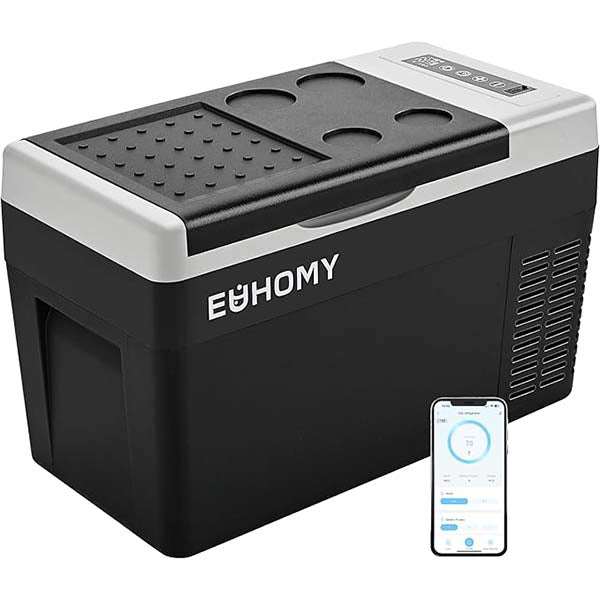 EUHOMY 12V Portable Car Refrigerator, 25L with APP Control, Black & Gray – Quiet, Compact, Travel-Ready
