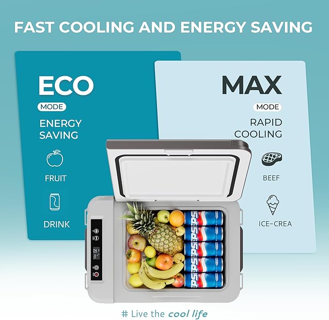 EUHOMY 12V Portable Car Refrigerator, 10L, Single Zone, APP Control, Brown & Gray – Compact Fridge & Freezer for Camping & Travel