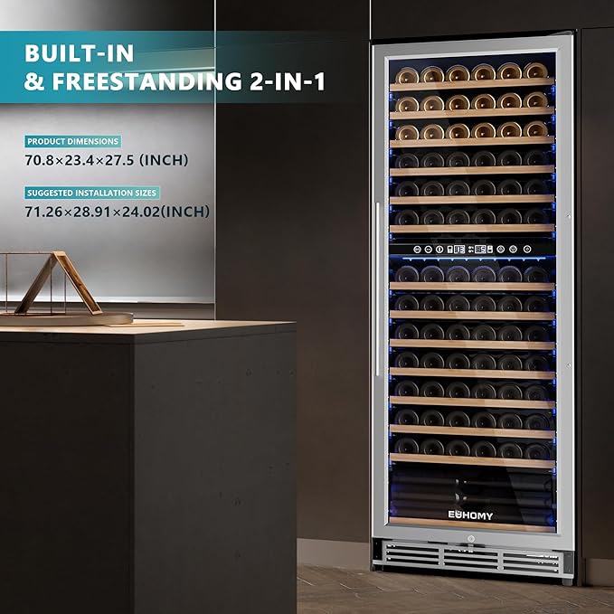 EUHOMY 24 Inch Wine Fridge Dual Zone, 154 Bottle Wine Cooler Refrigerator with Glass Door, Powerful Compressor Cooling - Euhomy