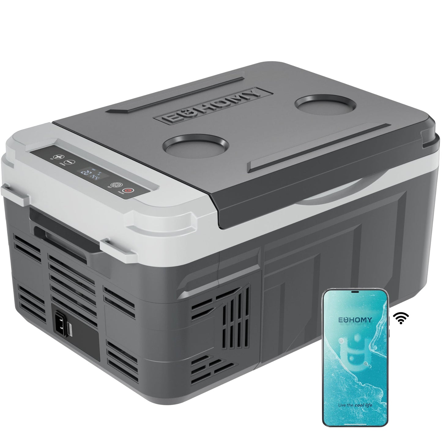 EUHOMY 12V Portable Car Refrigerator, 10L, Single Zone, APP Control, Brown & Gray – Compact Fridge & Freezer for Camping & Travel