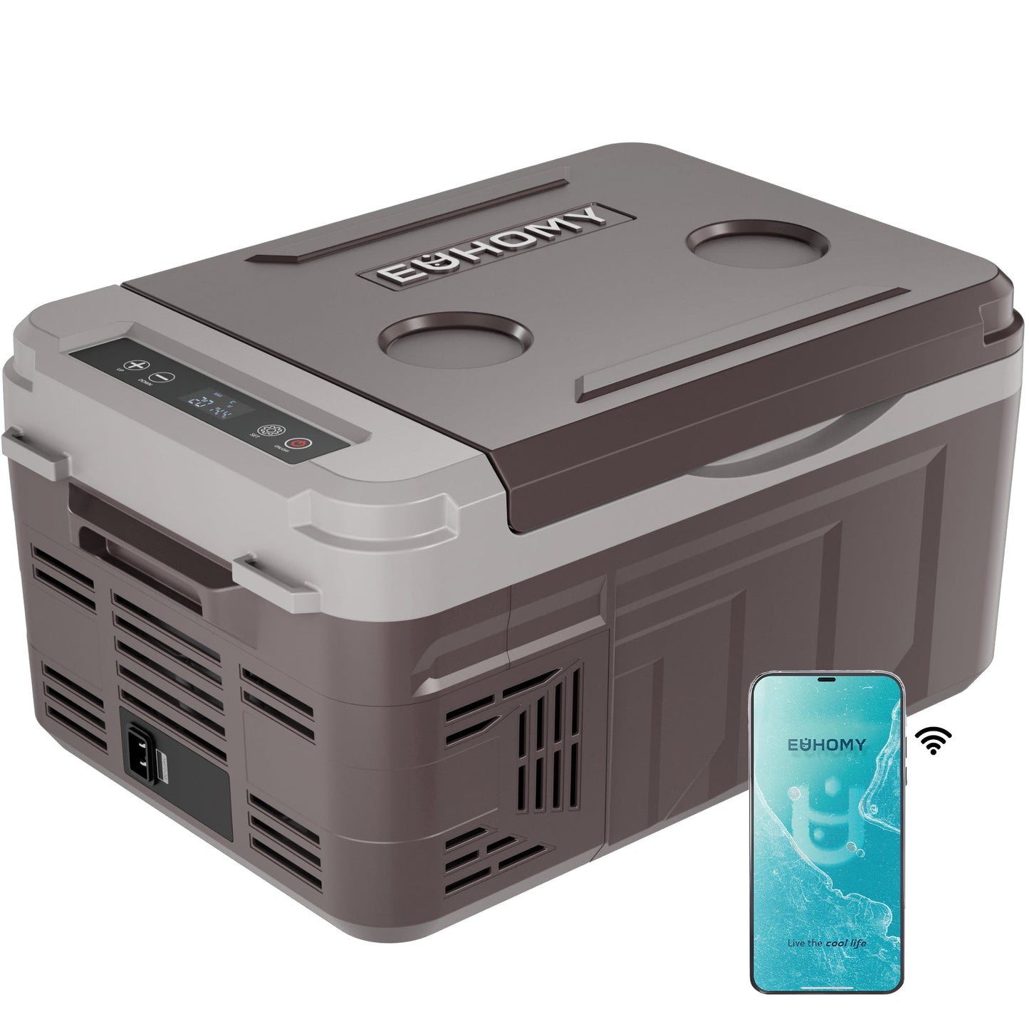 EUHOMY 12V Portable Car Refrigerator, 10L, Single Zone, APP Control, Brown & Gray – Compact Fridge & Freezer for Camping & Travel