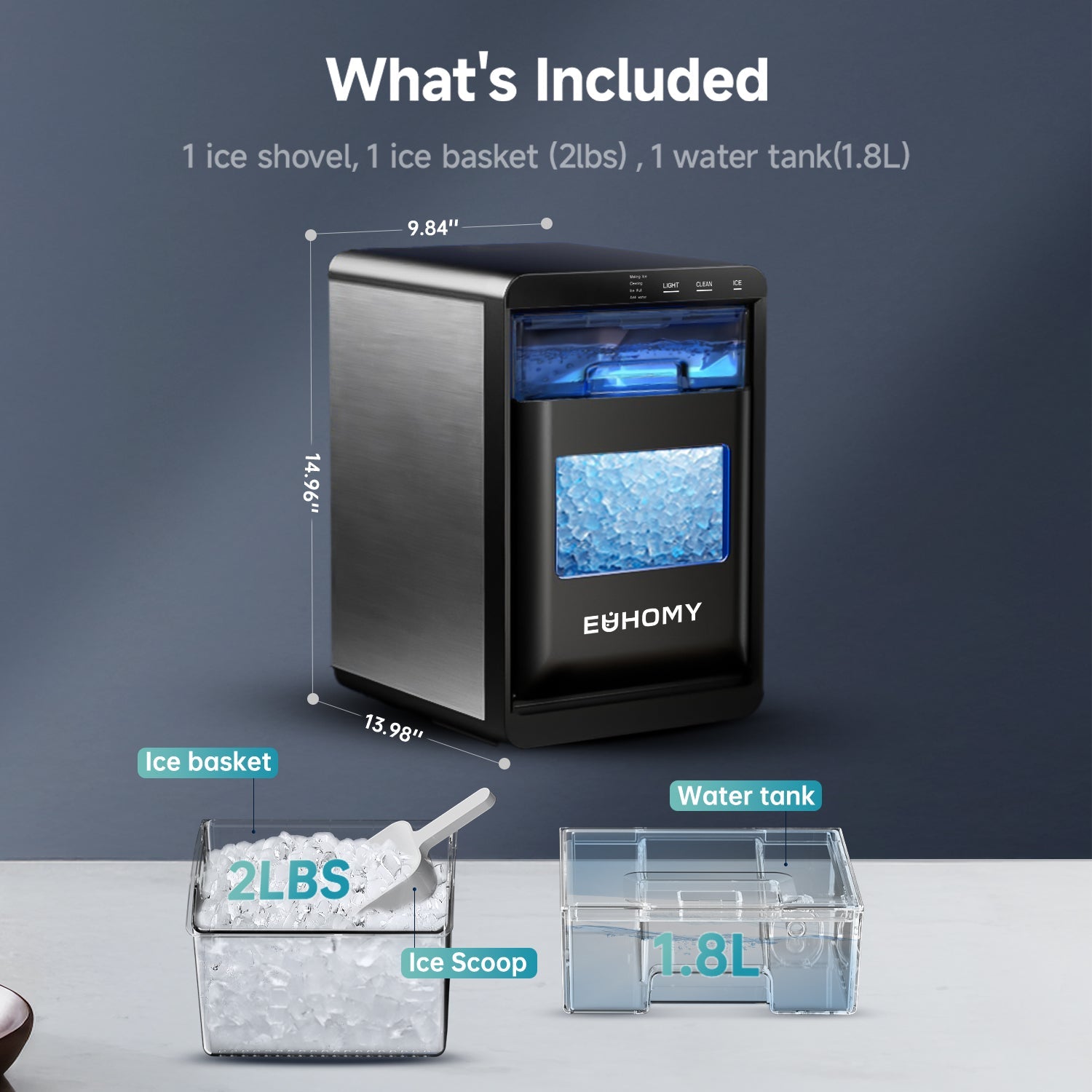 EUHOMY Nugget Ice Maker Countertop, 44Lbs/24H Pebble Ice Maker Machine Includes 2 Bottles of Cleaner - Euhomy