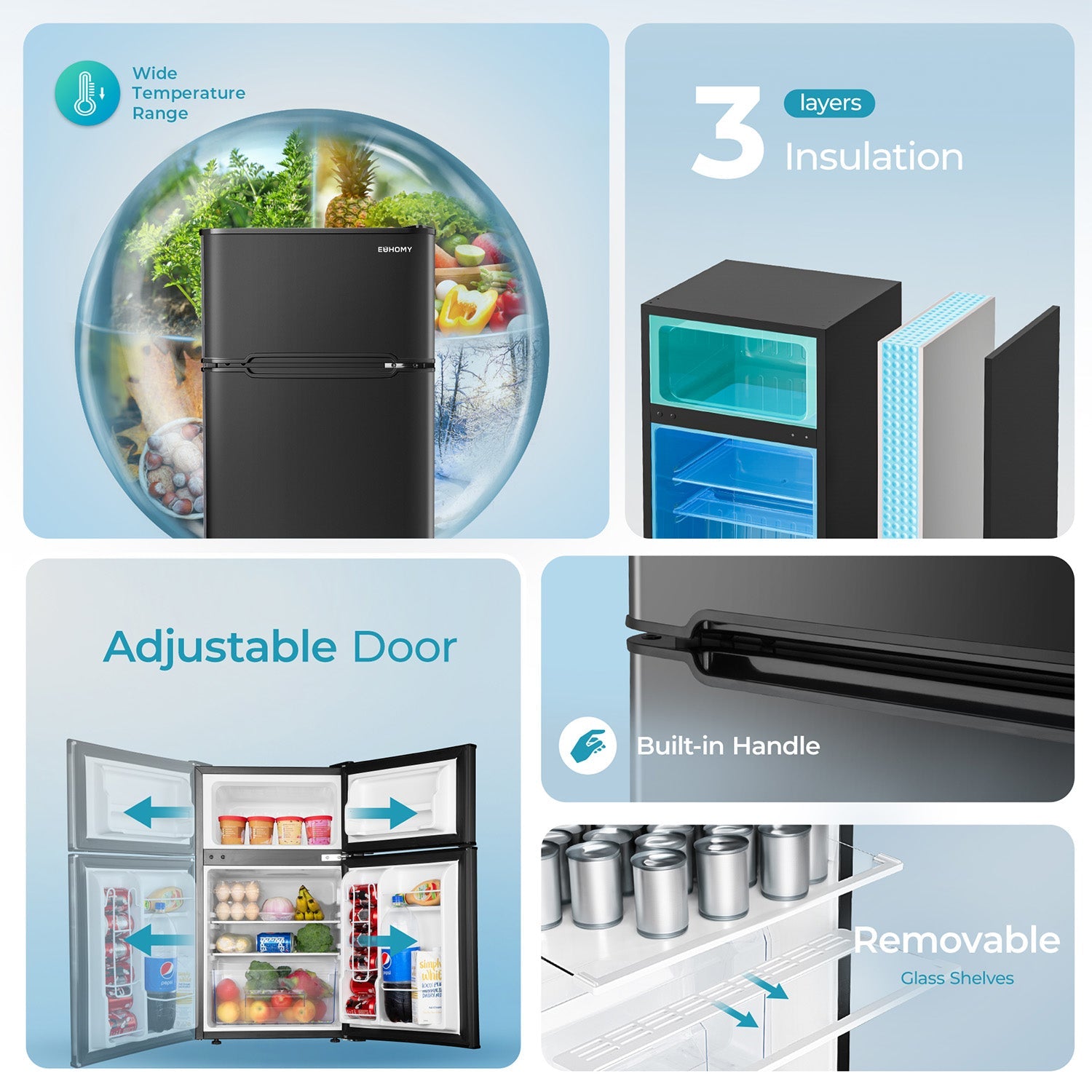 EUHOMY 3.2 Cu.Ft Built in & Free Standing Mini Fridge - Euhomy
