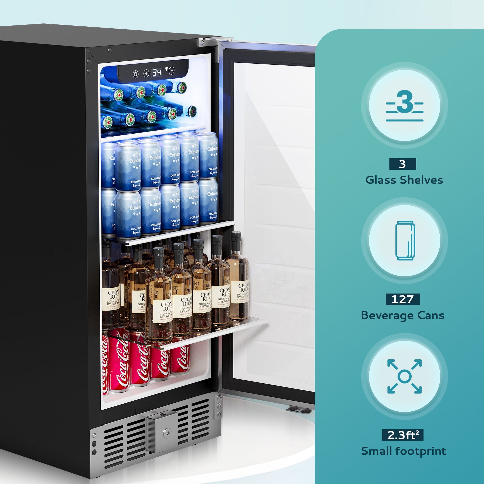 EUHOMY Beverage Refrigerator 15 Inch Under Counter 127 Can Wine Cooler Includes 2 Bottles of Cleaner - Euhomy