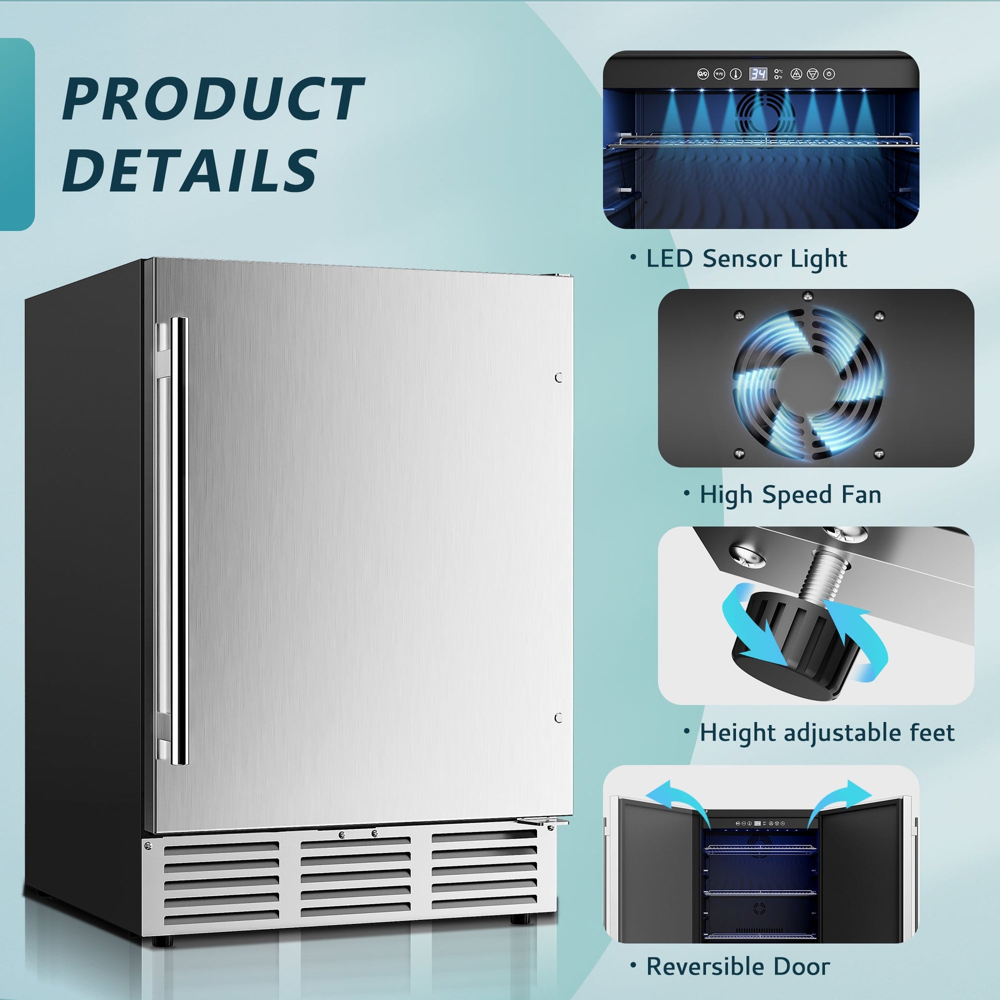 EUHOMY Beverage Refrigerator Large capacity 24 Inch, Stainless Steel Door Wine Cooler - Euhomy